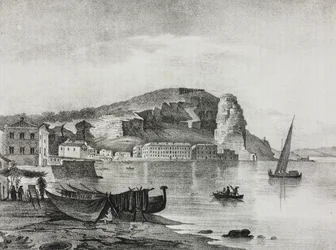 Vista de Terracina, Lacio, Italia, litografía de Salvatore Puglia del Poliorama Pittoresco, n 22, 8 de enero
