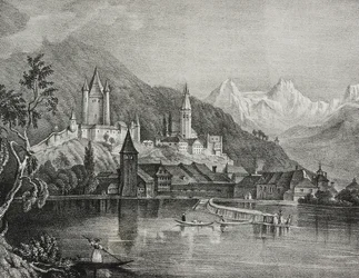 Vista de Thun, Cantón de Berna, Suiza, litografía de Salvatore Puglia del Poliorama Pittoresco, n 35, 9 de abril
