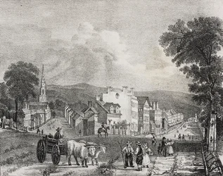 Vista de Utica, Estados Unidos de América, litografía de Salvatore Puglia de Poliorama Pittoresco, n 49, 13 de julio