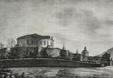 Vista del castillo de Acerra, Campania, Italia, litografía de Salvatore Puglia del Poliorama Pittoresco, n 30, 5 de marzo