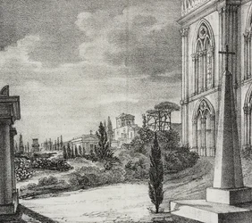 Vista del cementerio desde un convento gótico, Nápoles, Campania, Italia, litografía de Salvatore Puglia de Poliorama Pittoresco, n 34, 1 de abril