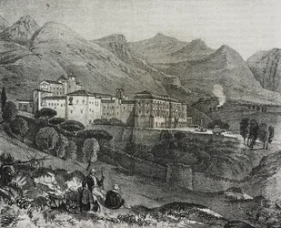 Vista del monasterio de San Martino delle Scale cerca de Palermo, Sicilia, Italia, litografía de Salvatore Puglia de Poliorama Pittoresco, n 47, 2 de julio.