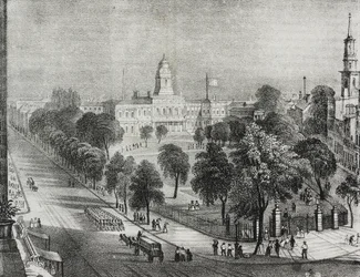 Vista del parque y del Ayuntamiento de Nueva York, Estados Unidos de América, litografía de Salvatore Puglia de Poliorama Pittoresco, n 24, 22 de enero