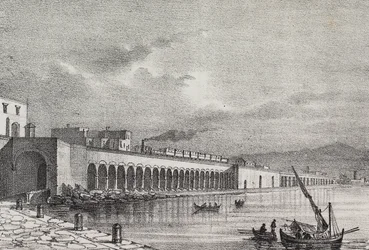 Vista del ferrocarril en Torre Annunziata, Campania, Italia, litografía de Gaetano Riccio de Poliorama Pittoresco, n 21, 31 de diciembre