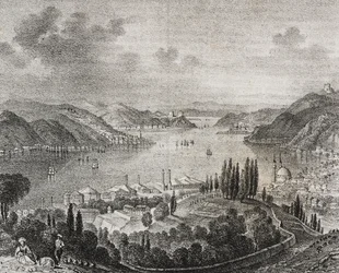 Vista del estrecho de los Dardanelos, litografía de Salvatore Puglia del Poliorama Pittoresco, n 20, 23 de diciembre
