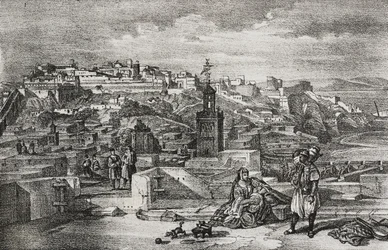 Vista de la ciudadela de Tánger, Marruecos, litografía de Salvatore Puglia de Poliorama Pittoresco, n 26, 3 de febrero