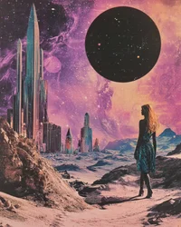 Mujer en un paisaje urbano cósmico