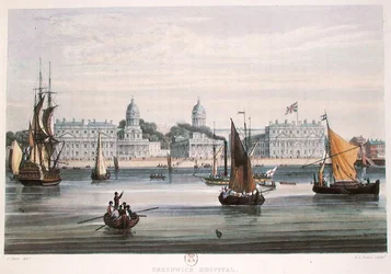 Hospital de Greenwich, grabado por R.G. Reeve (fl.1811-37) 1828