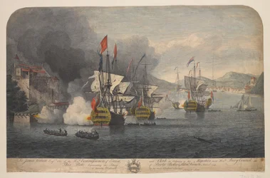 Toma de Porto Bello por Adml: Vernon Novr: 22d. 1739 (grabado lineal, coloreado)