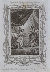 Eduardo el Príncipe Negro sirviendo al rey Juan de Francia, su prisionero (grabado)