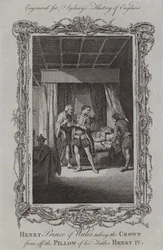 Enrique Príncipe de Gales tomando la corona de la almohada de su padre Enrique IV (grabado)