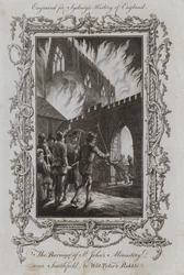 El incendio del monasterio de San Juan, cerca de Smithfield, por la turba de Wat Tyler (grabado)