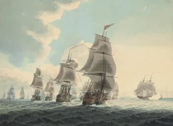 Una escuadra de la Royal Navy corriendo por el Canal (lápiz, pluma, tinta negra y acuarela sobre papel)