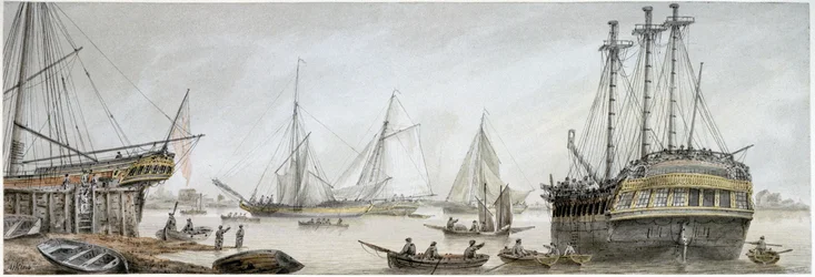 Un barco indio preparado para reparaciones en el Támesis, con una descripción de las actividades ordinarias de los astilleros reales de Deptford.