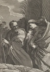 La huida a Egipto, la Virgen llevando al niño Cristo, José señalando
