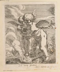 Dos putti antorchas de extinción Vis unita fortior (título sobre objeto) Varios diseños (título de la serie) Opera Varia Historica, Poetica & Iconologica (título de la serie)