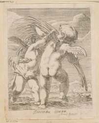 Dos amorcillos discutiendo sobre una rama de palma Discordia Concors (título sobre objeto) Varios diseños (título de la serie) Opera Varia Historica, Poetica & Iconologica (título de la serie)