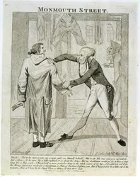 Calle Monmouth, una caricatura de un vendedor de ropa usada, grabado por J. Cooke, 1789