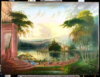 Un paisaje romántico con la llegada de la Reina de Saba, c.1830