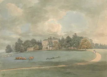 Una casa de campo con figuras en el camino