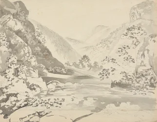 Una escena fluvial con montañas al fondo