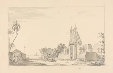 Carruaje fuera de un portal en ruinas