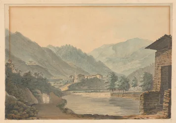Escena montañosa con edificios y río