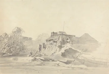 Escena fluvial con edificios autóctonos