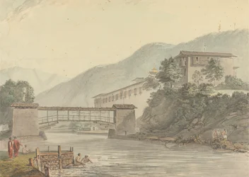 Vista de Tashichoedzong, Bután y Puente peatonal