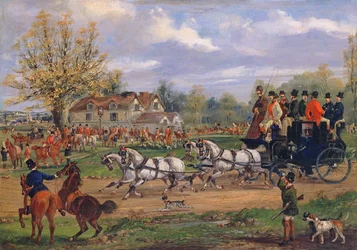 Diligencia pasando por una reunión fuera de una posada, 1862