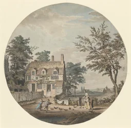 Paisaje con casita, puente y figuras