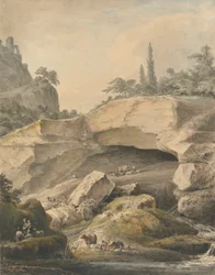 Paisaje rocoso con campesinos y ganado