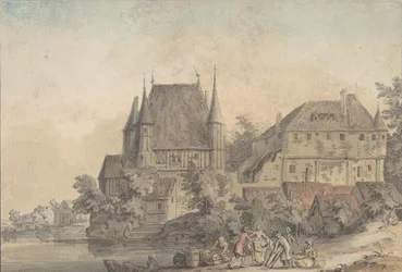 Vista de un pueblo junto a un río, 1766