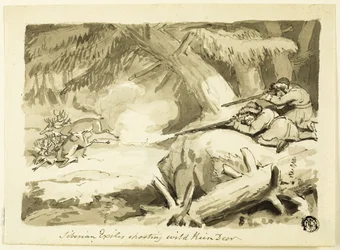 Exiliados siberianos disparando a renos salvajes (recto); Concha (verso)