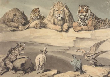 Un jabalí, un leopardo, un león, un tigre, un lobo, un carnero y dos águilas