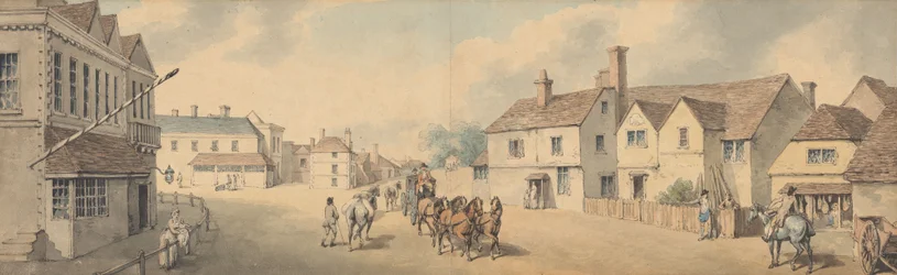 Un carruaje de cuatro caballos atravesando Chippenham, Wiltshire