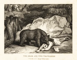 Un viajero con turbante se hace el muerto al ser atacado por un oso. 1811 (grabado)