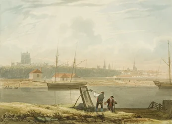 Vista del puerto flotante con la catedral y las iglesias de la ciudad, c. 1825
