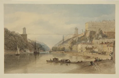 Vista del Avon en Hotwells: El puente colgante propuesto, c.1836