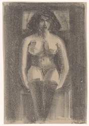 Mujer sentada desnuda, con medias