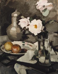 Rosas rosadas en un jarrón de vidrio, c. 1924