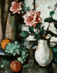 Bodegón de rosas y frutas. Naturaleza muerta de rosas y fruta. Pintura de Samuel John Peploe (1871-1935 Británico) Colección privada
