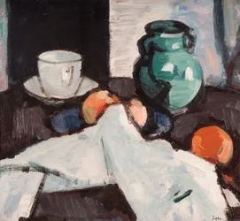 Naturaleza muerta con cuenco de frutas, jarra, taza y platillo, 1927-29