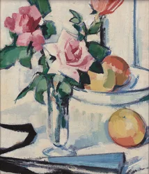 Naturaleza muerta con rosas rosadas