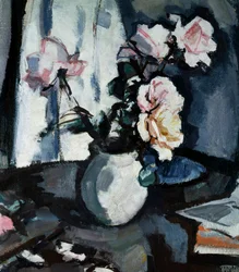 Naturaleza muerta con rosas en un jarrón . Peinture de Samuel John Peploe (1871-1935 Británico) Collection privee