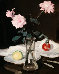 Naturaleza muerta, rosas rosas (óleo sobre lienzo)