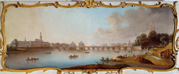 Vista del panorama de la ciudad de Frankfurt desde Frankfurt am Main en Alemania. Pintura de Samuel Mund (1724-1794) Siglo XVIII Frankfurt, museo histórico