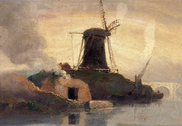 Molino de viento y horno de ladrillos en la ribera (óleo sobre tabla)