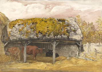 Un establo de vacas con un techo musgoso, c.1829
