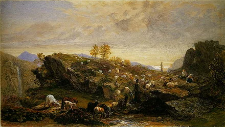 Campesinos con ovejas y cabras en un paisaje rocoso